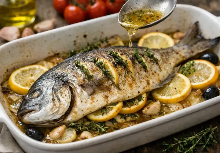 Dorade royale a la plancha, dorée et savoureuse, arrosée d'une sauce aux herbes, entourée de citrons, d'olives et d'ail.