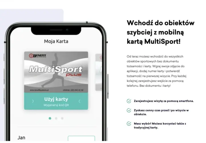 Ekran smartfona z aplikacją MultiSport i wirtualną kartą.