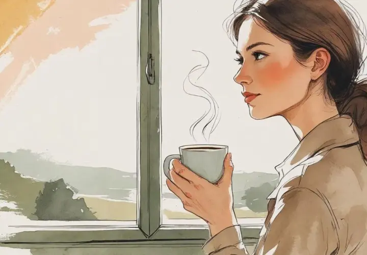 Una donna con una tazza di caffè fumante guarda fuori dalla finestra, un momento di pace che contrasta con il significato della vita frenetica.