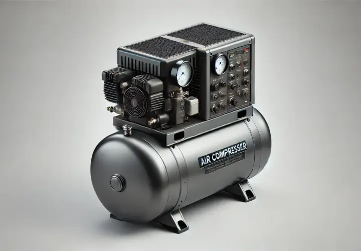 Un compresor de aire metálico con tanque y panel de control.