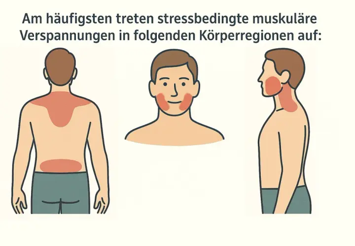 Osteopathie bei Verspannungen: Illustrationen zeigen häufig betroffene Körperregionen wie Nacken, Schultern, Rücken und Kiefer.
