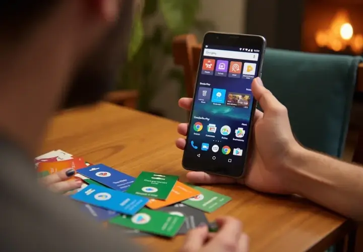 Chcesz wiedzieć, jak doładować Google Play? Na stole leżą karty podarunkowe, a w ręce trzymasz smartfon z otwartą aplikacją.