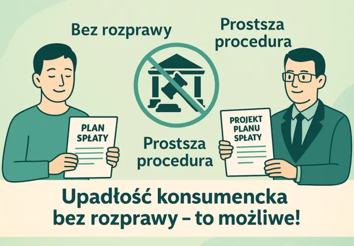 Dwóch mężczyzn trzyma dokumenty: jeden "Plan spłaty", drugi "Projekt planu spłaty". W centrum symbol sądu z przekreśleniem.