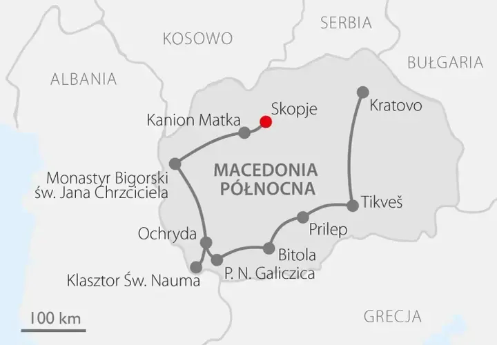 Mapa pokazuje, gdzie leży Macedonia Północna, z zaznaczonymi miastami jak Skopje, Ochryda, Bitola i atrakcjami.