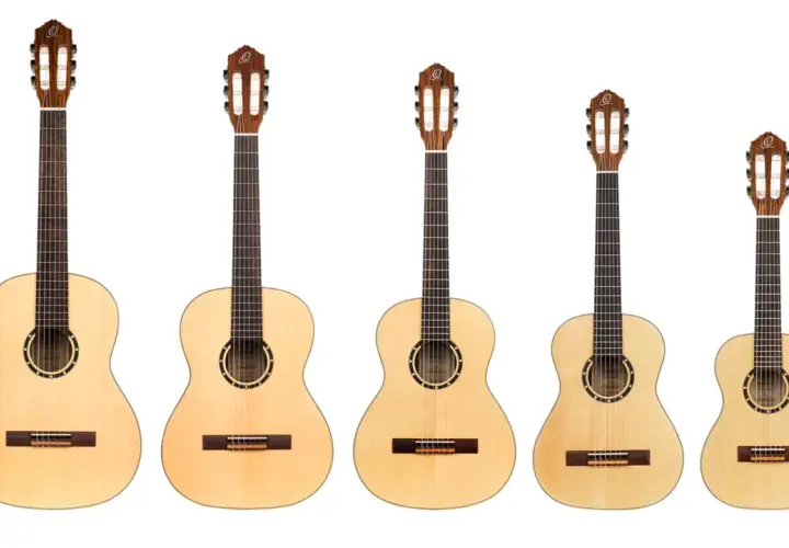 Pięć gitar klasycznych o różnej wielkości, idealnych jako najlepsza gitara klasyczna dla początkujących.