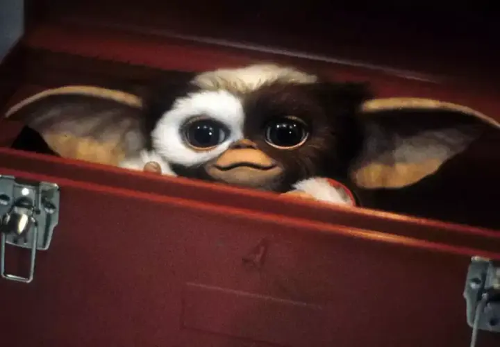 Uroczy Gizmo z filmu "Gremliny 3" wygląda z czerwonej skrzynki, jego wielkie oczy błyszczą.
