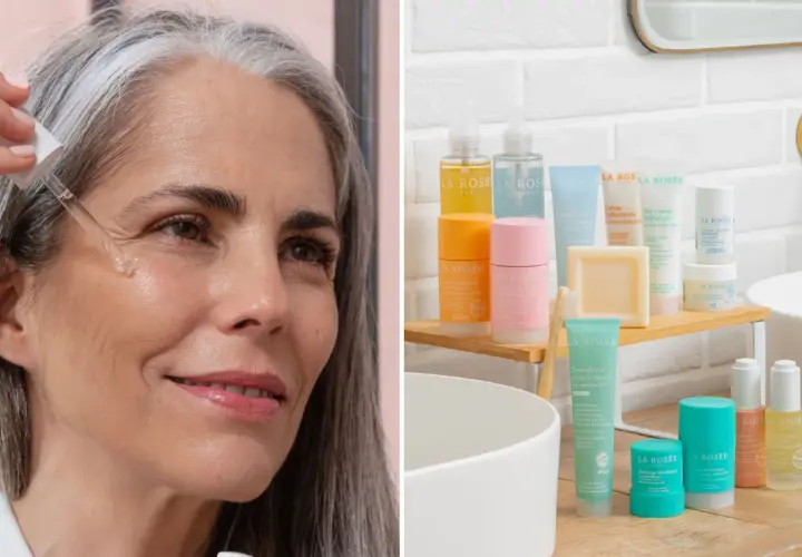 Une femme applique un sérum pour le nettoyage du visage. À côté, une sélection de produits de soin La Rosée.