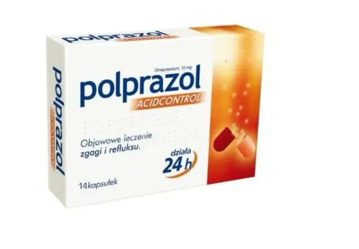 Opakowanie leku Polprazol 10 mg, 14 kapsułek, na zgagę i refluks. Działa 24h.