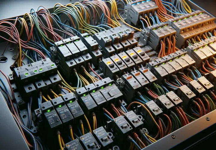 Panel z wieloma bezpiecznikami BM, różnymi rodzajami i kolorowymi przewodami.
