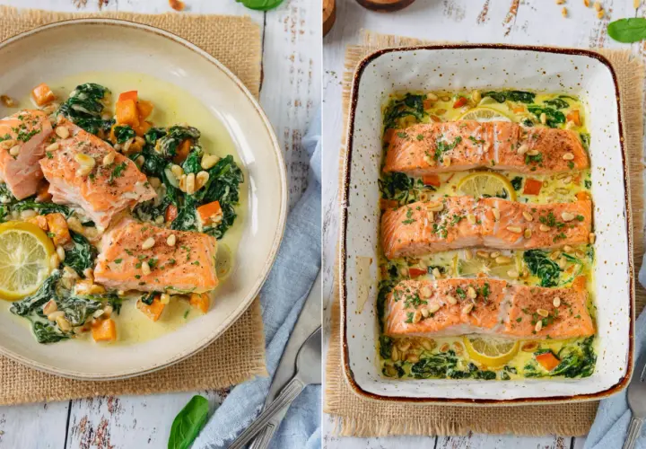 Lachs Spinat Auflauf mit Pinienkernen und Zitrone, cremig und lecker.