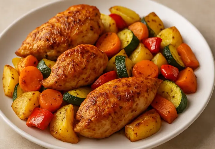 Soczyste piersi z kurczaka z airfryer, podane z pieczonymi ziemniakami, marchewką, cukinią i papryką. Pyszny i zdrowy obiad.