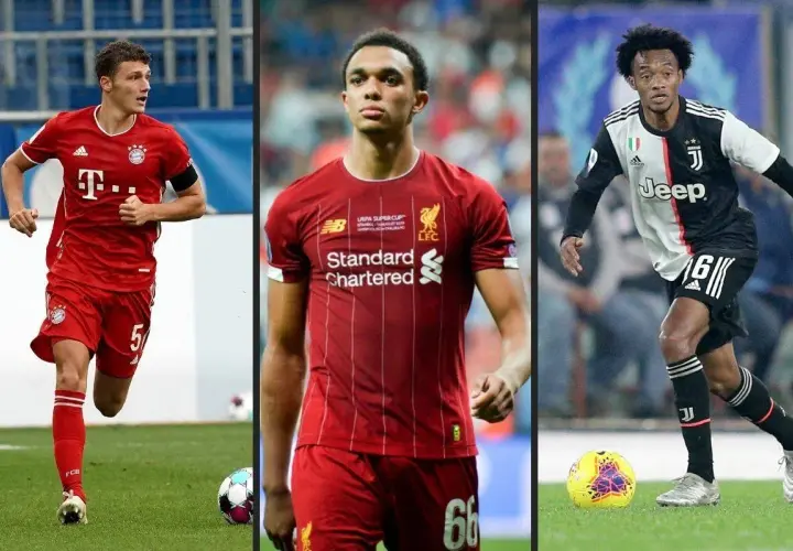 Trzech piłkarzy w akcji: Benjamin Pavard w czerwonej koszulce Bayernu, Trent Alexander-Arnold w czerwonej koszulce Liverpoolu i Juan Cuadrado w czarno-białej koszulce Juventusu. To są najlepsi obrońcy na świecie.
