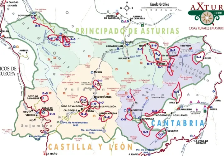 Mapa de rutas por los Picos de Europa, mostrando senderos y puntos de interés.