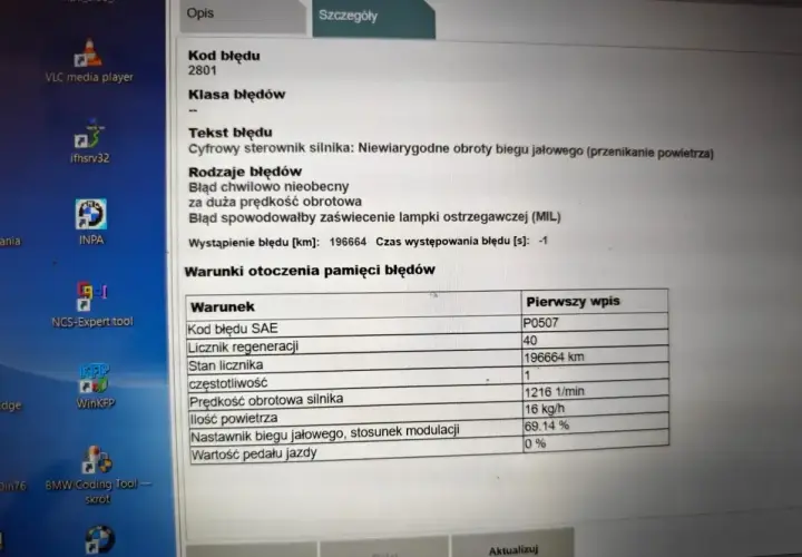 Diagnostyka DTC BMW: błąd 2801, sterownik silnika, obroty biegu jałowego, przenikanie powietrza. P0507.