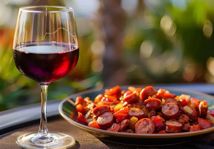 Un verre de vin rouge accompagne un plat de rougail saucisse, aux couleurs vives et appétissantes, sous un soleil doux.