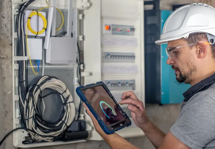 Elektryk w kasku i okularach ochronnych wykonuje przegląd instalacji elektrycznej, analizując dane na tablecie.