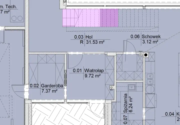 Plan architektoniczny z zaznaczonymi pomieszczeniami: hol, garderoba, spiżarnia, kuchnia. Widać różnice między powierzchnią zabudowy a użytkową.
