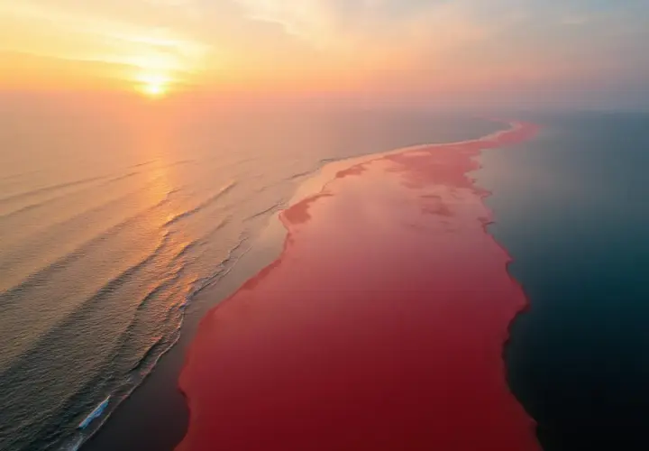 Zachód słońca nad oceanem, gdzie woda przybiera intensywnie różowy kolor. Tak wyglądają sinice, tworząc niezwykły krajobraz.