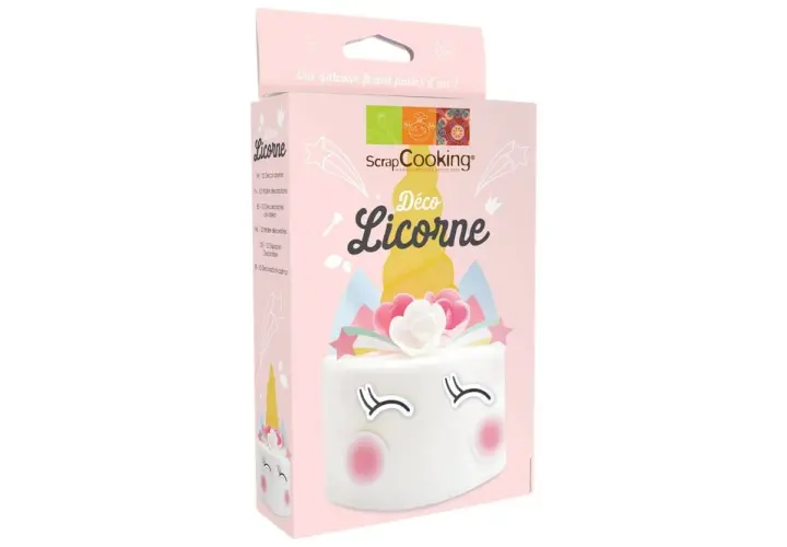 Boîte de décorations pour gâteaux licorne. Une feuille azyme est incluse pour créer des pâtisseries magiques.