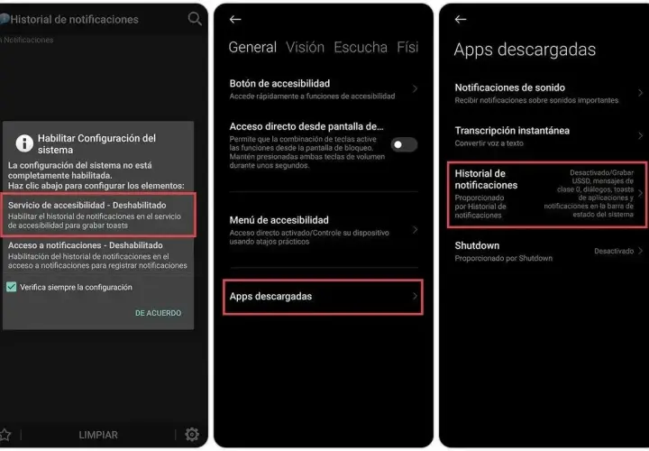 Ekran ustawień telefonu z opcją "Historial de notificaciones" (Historia powiadomień), która pozwala na zapisywanie wiadomości i powiadomień.