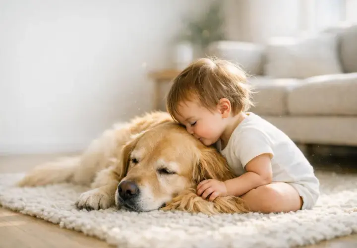 Bambino abbraccia un cane dorato, un'immagine di affetto che non deve far dimenticare le possibili malattie trasmesse dai cani ai bambini.