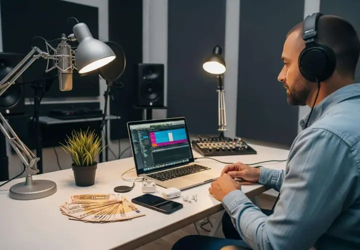 Un musicien travaille dans son studio, avec des billets d'argent sur son bureau, symbolisant la rémunération Spotify par stream.