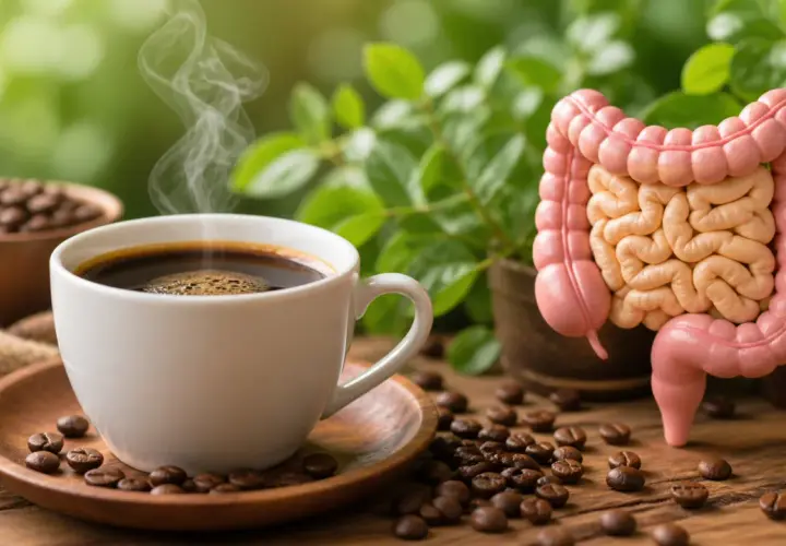 Tazza di caffè fumante accanto a un modello di intestino, con chicchi di caffè sparsi. Un'immagine che evoca il legame tra caffè e stitichezza.