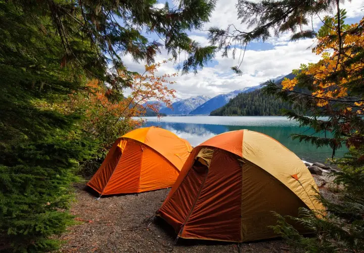 Dwa pomarańczowe namioty na brzegu jeziora, otoczone jesiennymi drzewami. Idealne miejsce na camping Jastrzębia Góra.