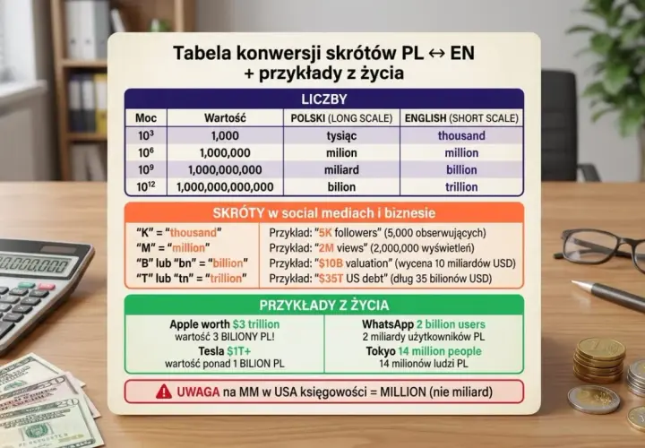Tabela konwersji skrótów PL ↔ EN. Pokazuje liczby po angielsku powyżej 1000, np. million, billion, trillion, z przykładami z życia.