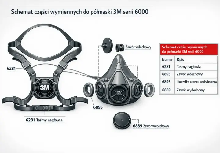 Schemat części zamiennych do półmaski 3M serii 6000: taśmy nagłowia, zawory wdechowe i wydechowe.