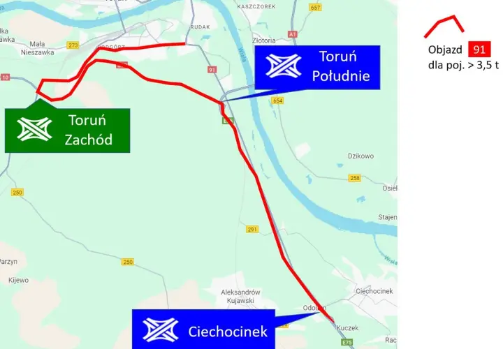 Mapa drogowa z zaznaczonymi objazdami Toruń Zachód i Toruń Południe, prowadzącymi do Aleksandrów Kujawski i Ciechocinek.