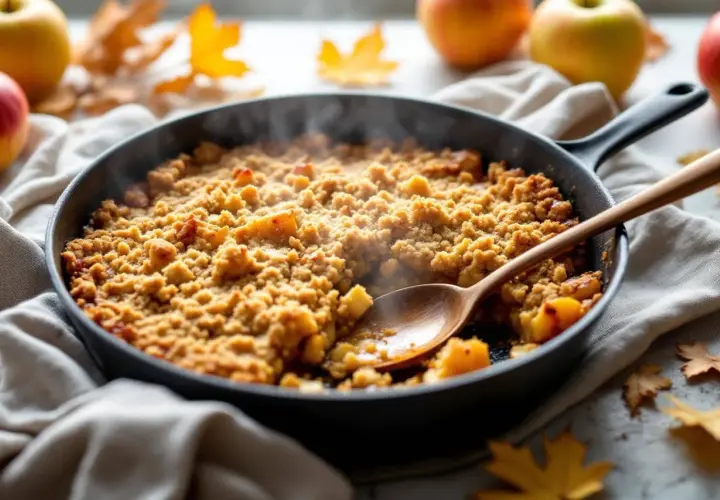 Un délicieux crumble aux pommes tout juste sorti de la poêle, fumant et prêt à être dégusté. Une cuillère en bois attend patiemment.