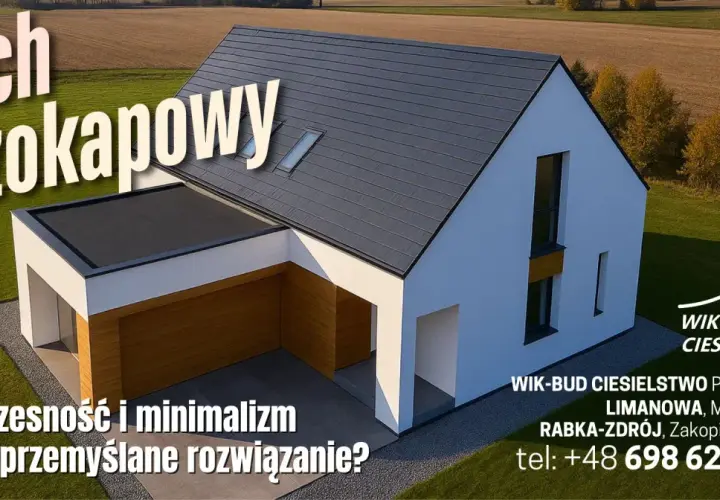 Nowoczesny dom z dachem bezokapowym, podkreślający minimalizm i innowacyjną konstrukcję.