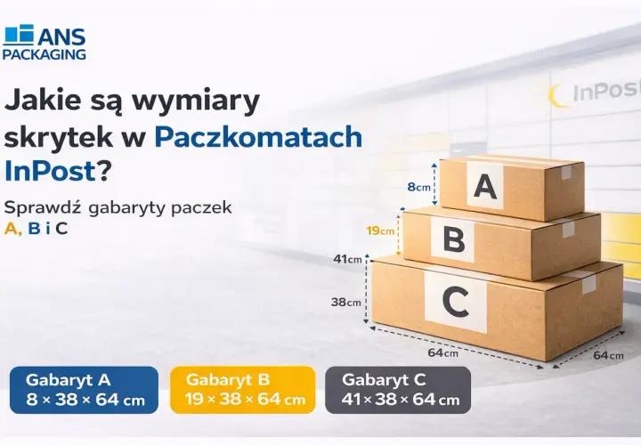 Trzy kartony InPost oznaczane literami A, B i C, z wymiarami podanymi obok.