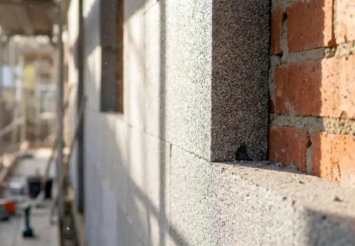 Budowa domu: ściana z bloczków styropianowych i cegły, rusztowanie w tle.