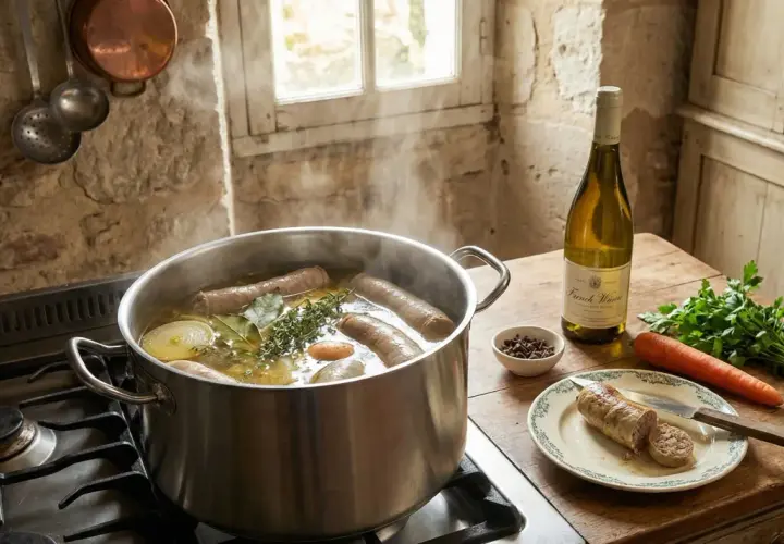 Une andouillette rotie, prête à être dégustée, mijote dans une cocotte avec des aromates. Une bouteille de vin blanc et des légumes complètent la scène.