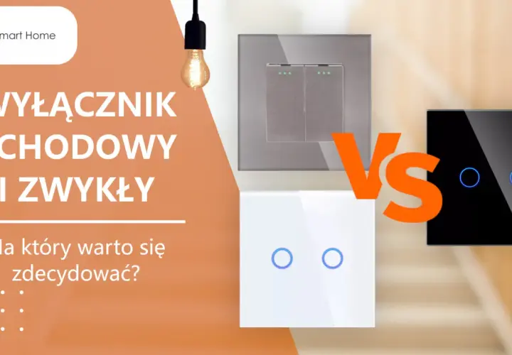 Porównanie przełącznika schodowego i zwykłego. Biały, czarny i szary przełącznik klatkowy z podświetleniem.