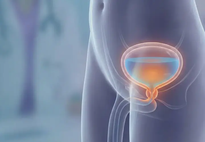 Illustrazione anatomica della vescica piena, con accenni a possibili rimedi naturali per svuotare la vescica.