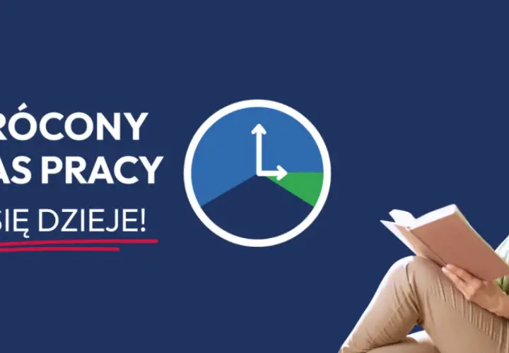 Skrócony czas pracy to się dzieje! Uśmiechnięta kobieta czyta książkę, obok zegar symbolizujący wolny czas.