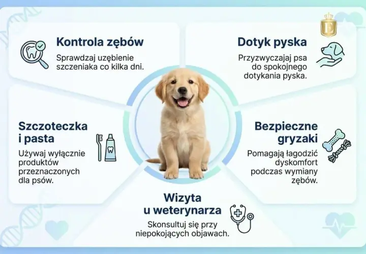 Szczeniak golden retrievera. Porady, kiedy psu wypadają zęby stałe: kontrola zębów, szczoteczka i pasta, dotyk pyska, bezpieczne gryzaki, wizyta u weterynarza.