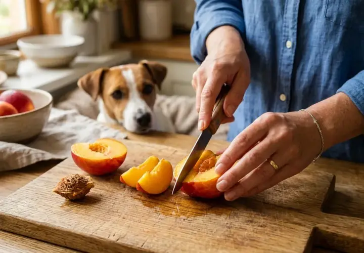 A person cuts nectarines on a wooden board, while a Jack Russell terrier watches, perhaps wondering if dogs have nectarines.