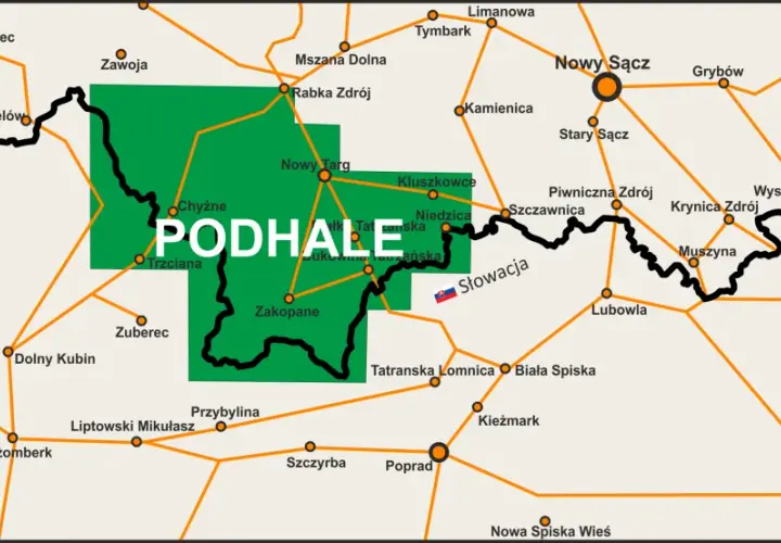 Mapa pokazuje, gdzie jest Podhale, z zaznaczonymi miastami jak Zakopane, Nowy Targ i Kluszkowce, oraz drogami łączącymi Polskę ze Słowacją.