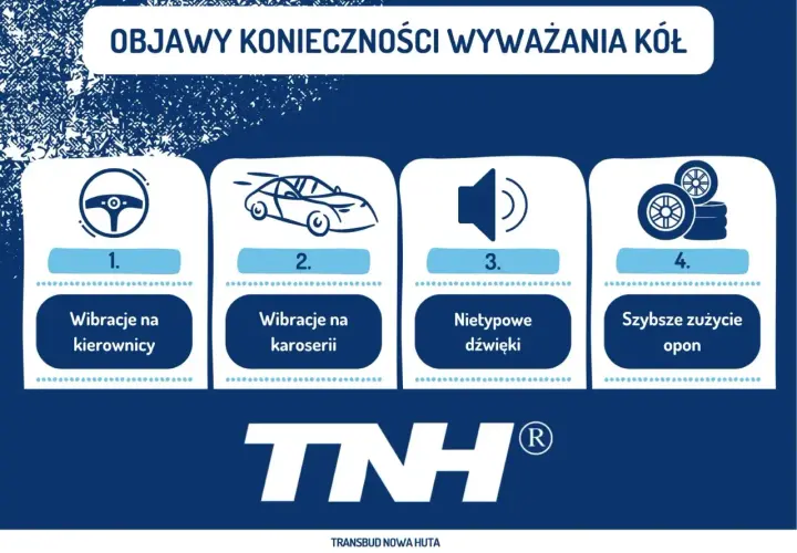Objawy konieczności wyważenia opon: wibracje na kierownicy, karoserii, nietypowe dźwięki, szybsze zużycie opon.