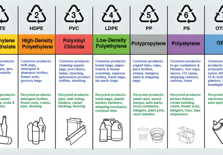 Symbole na pojemnikach plastikowych: PETE, HDPE, PVC, LDPE, PP, PS, OTHER. Poznaj ich zastosowanie i recykling.