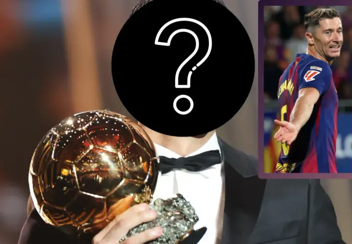 Kto zasłużył na Złotą Piłkę? Robert Lewandowski w garniturze z trofeum i w stroju FC Barcelony.