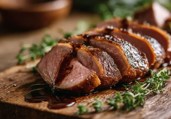Tranches de magret de canard juteux, nappées d'une sauce brillante, disposées sur une planche en bois rustique avec des herbes fraîches.