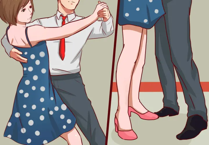 Coppia che balla il samba, lei con un vestito blu a pois, lui con camicia bianca e cravatta rossa. I loro piedi si muovono con grazia.