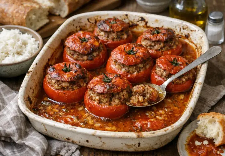 Un plat de tomates farcies appétissantes, garnies d'une farce savoureuse, baignant dans une sauce rouge. Une cuillère en argent prélève une portion généreuse.