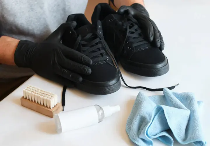 Manos enguantadas limpian zapatos negros con cepillo y spray.