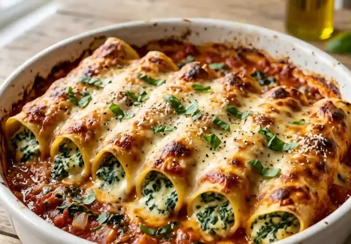 Cannellonis gratinés, remplis d'une farce crémeuse de ricotta et d'épinards, baignant dans une sauce tomate savoureuse.